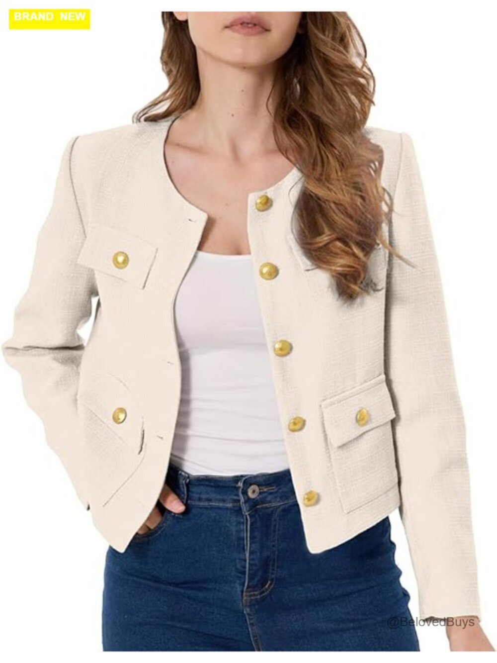 Cropped Tweed Blazer Round Neck Long Sleeve Office Work Jacket